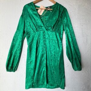 Missguided Green Long Sleeve Satin Jacquard Mini Dress
